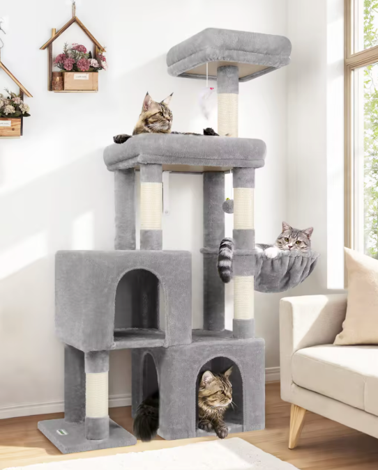 Globlazer Cat Tree Tower with 2 Cat Condos for Multiple Indoor Cats, 52in Multi-Level Plush Cat Condo Tower with 5 Sisal Scratching Posts, 2 Padded Perches, Big Basket, Widened Base, S52, Light Grey