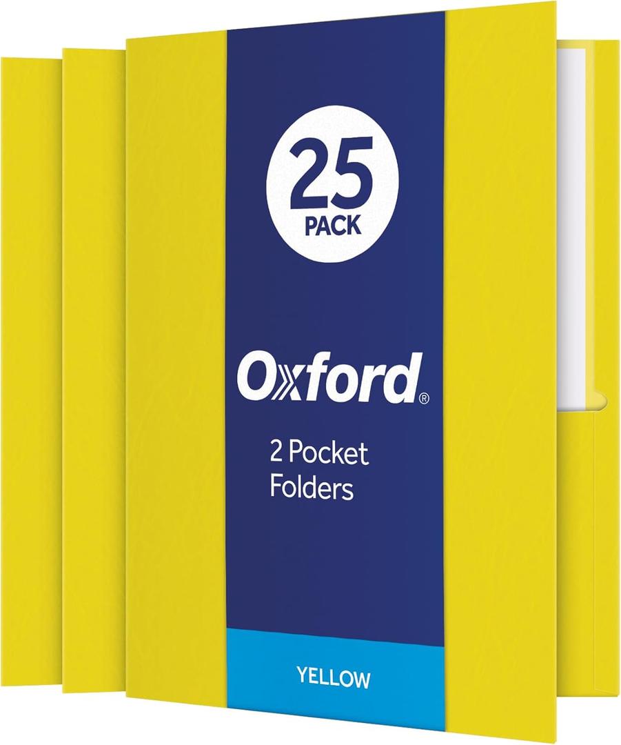 Oxford Twin-Pocket Folders, Textured Paper, Letter Size, Yellow, Holds 100 Sheets, Box of 25 (57509EE)