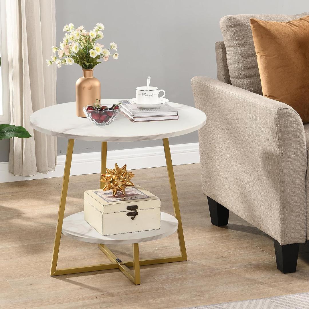 D&H FURNIMMT 20" Living Room Side Table for Small Spaces, 2 Tier Wood Top Round End Tables with Storage Shelf, Accent Sofa Table for Bedroom, Office, Sunroom, Balcony, White Faux Marble/Gold, 19.69*19.69IN
