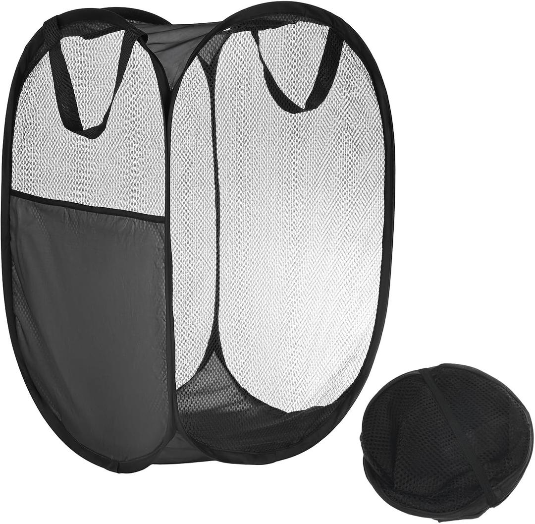 Mesh Laundry Hamper Basket with Side Pocket [1PCS] - Collapsible Mesh Hamper for Travel & Dorms & Bathroom - [Black] Laundry Basket with Handle