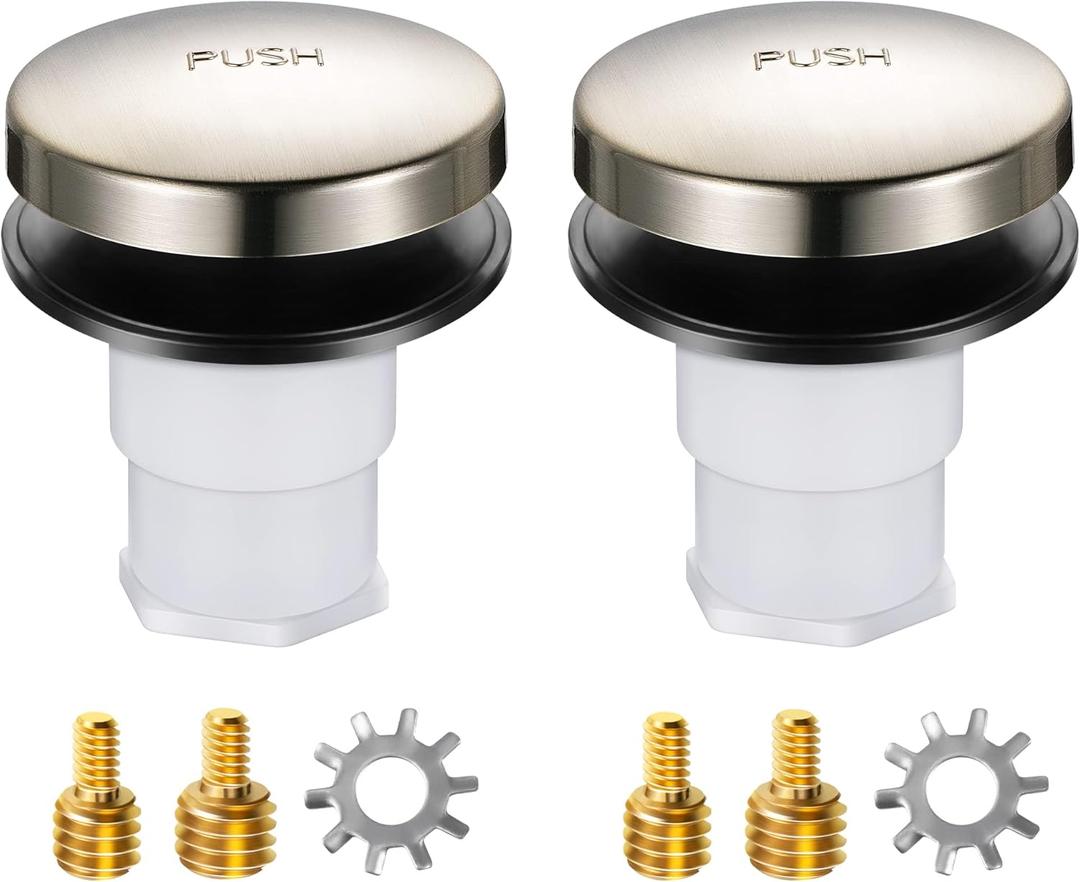 Dreyoo Bathtub Pop up Drain Stopper, Bathtub Drain Plug with 3/8'', 5/16'' Thread Studs and Star Shape Lock Washer, Tip Toe Shower Stopper Universal(2 Pack,Brushed Nickel)