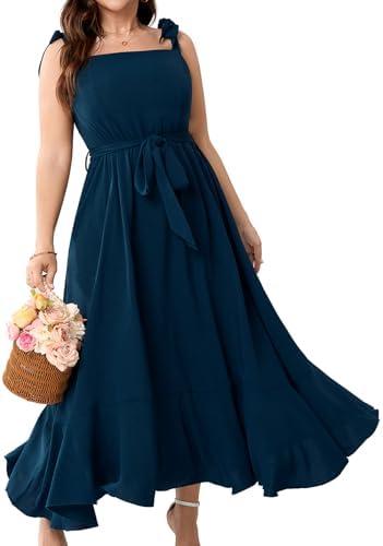 Plus Size Wedding Guest Dress Square Neck Ruffle A Line Elegant Bridesmaid Formal Cocktail Party Dresses for Women, Blue, 2XL