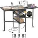Besiost Folding Sewing Cutting Table with Charging Station, Height Adjustable Craft Table with Storage, 50" Foldable Fabric Cutting Tables for Sewing Room Craft Room, Black