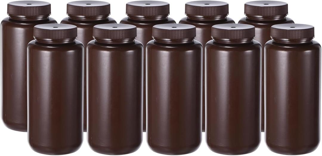 PATIKIL 24 Pcs 1000ml Reagent Bottles, PE Wide Mouth Round Bottles with Screw Cap for Lab Water Reagent Liquids Solid Sample Storage Seal, Amber