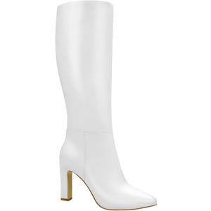 Knee High Boots for Women - Long Elastic Faux Leather Tall Boots for Women Mid Block Heel Pointed Toe with Side Zipper Fall Winter (6, White)