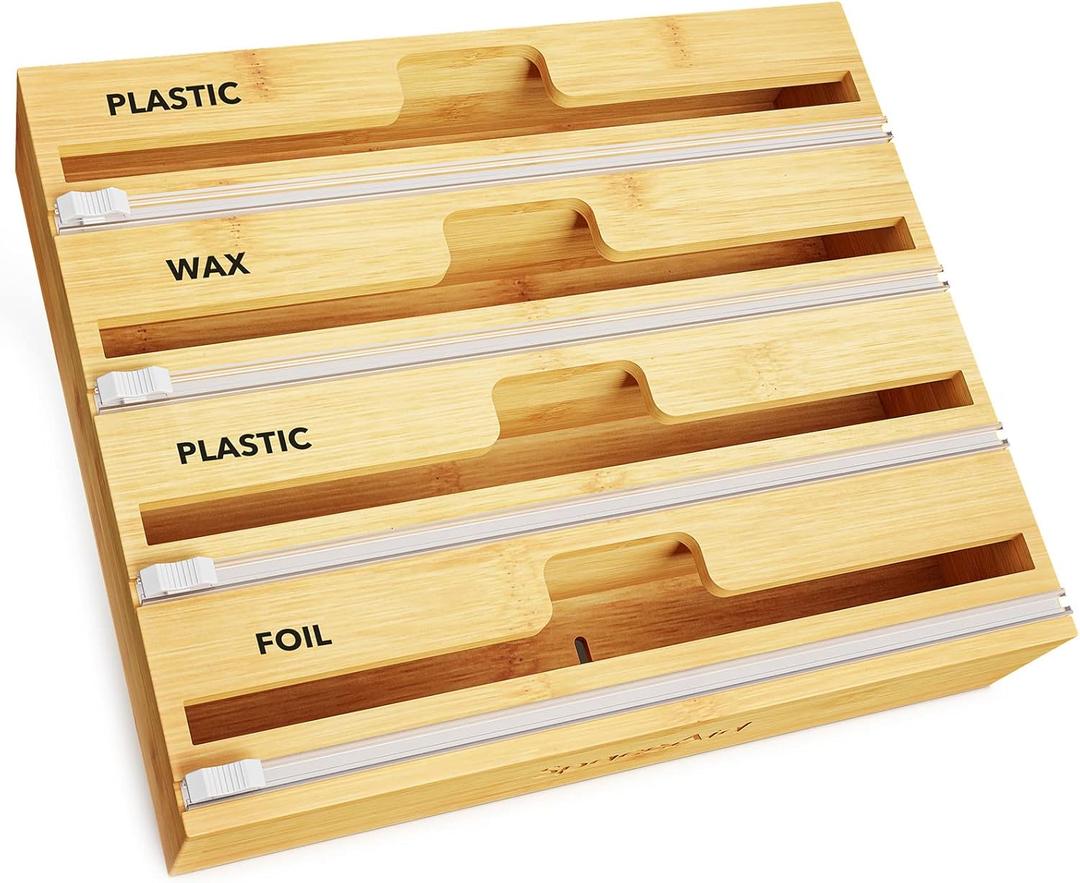 SpaceAid WrapNeat 4 in 1 Wrap Organizer with Cutter and Labels, Plastic Wrap, Aluminum Foil and Wax Bamboo Dispenser for Kitchen Storage Organization Holder for 12" Roll (Natural, 4-Slot)