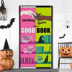 Halloween Pink and Green Party Decorations Witch Princess Themed Banner Holding Space for a Good Book Classroom Front Door Porch Sign Witch Party Wall Decor for kids Birthday Party Supplies