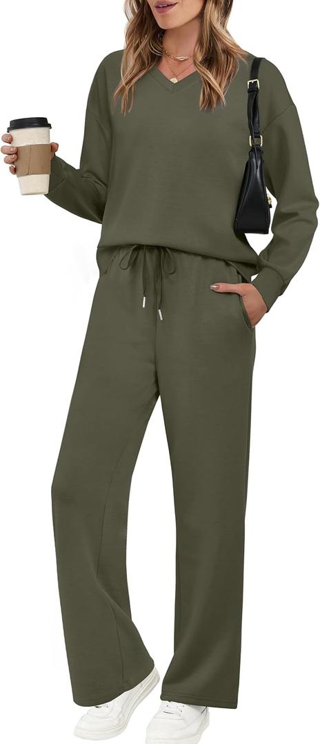 WIHOLL Lounge Sets for Women 2026 V Neck 2 Piece Outfits Airport Wide Leg Pants Matching Set Sweatsuits S