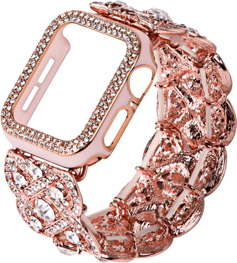 Bling Band with Case Compatible with Apple Watch Band 38mm 40mm 41mm 42mm 44mm 45mm for Women, Luxury Dressy Metal Strap with Diamond Rhinestone Bracelet Wristband for iWatch SE Series 7 6 5 4 3 2 1