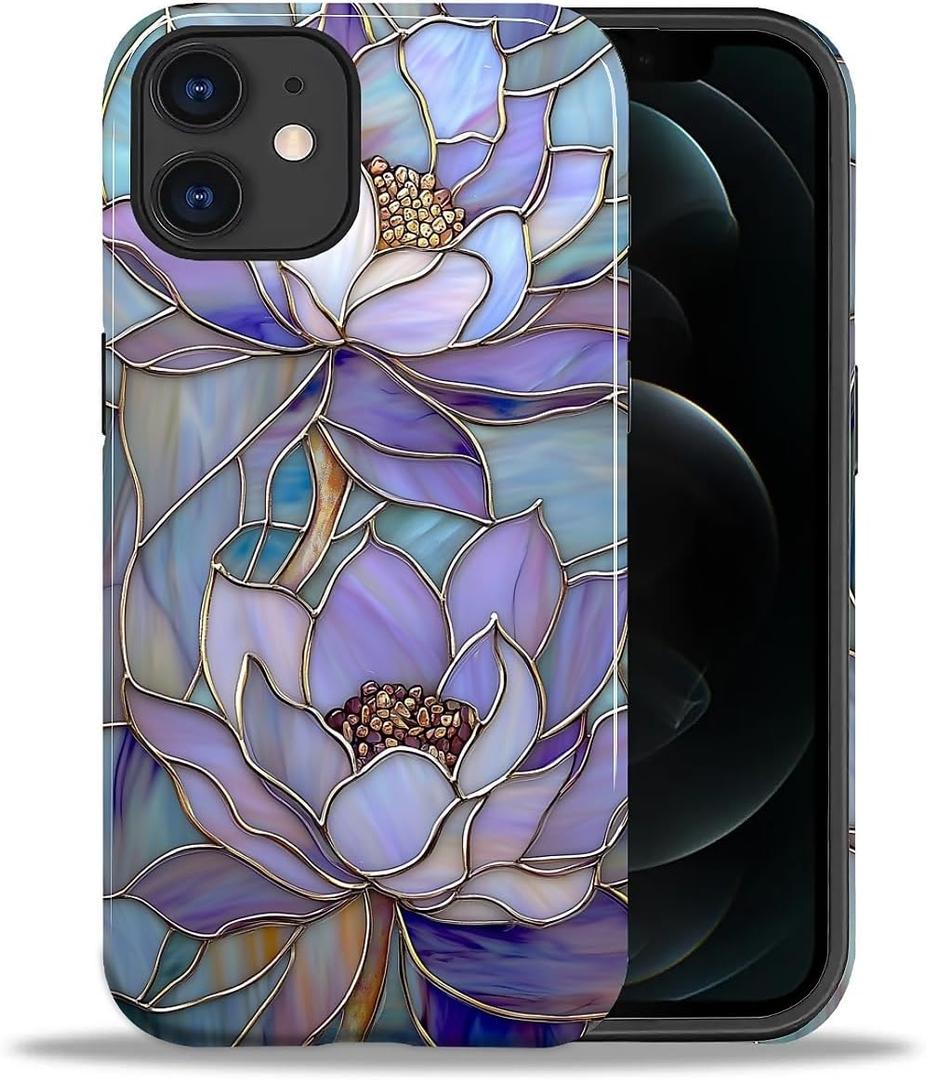 Case for iPhone 11,Shockproof Hard Shell + Soft Silicone 2 in 1 Hybrid,Shockproof Bumper Drop Protective - Abstract Lotus Flower Stained Glass