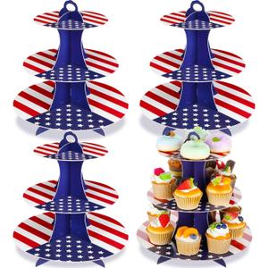 4 Pcs 4th of July Holder Patriotic Cupcake Stand with American Flag Independence Day Cupcake Display President's Veterans Day Patriotic Themed Party Decoration, 3 Layers