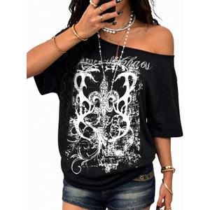 Women's Off The Shoulder Tops Gothic Graphic Tee Y2k Grunge Shirts Vintage Emo Oversized T Shirts Streetwear (M)