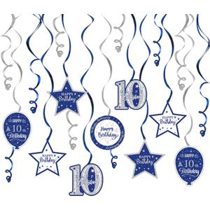 Happy 10th Birthday Blue & Silver Glitter Swirls Streamers Party Decorations - 15 Pcs 10th Birthday Hanging Swirls Streamers Kit,Cheers to Ten Years Old Bday Party Sign.