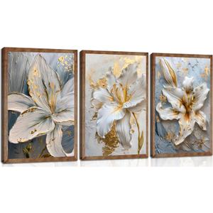 3Pcs Abstract Golden White Flower Wall Art Boho Gold Foil Blossom Canvas Oil Painting 2D Plane Textured Floral Wall Decor Nordic lily Posters Prints for Living Room Bedroom Office Pictures Unframed