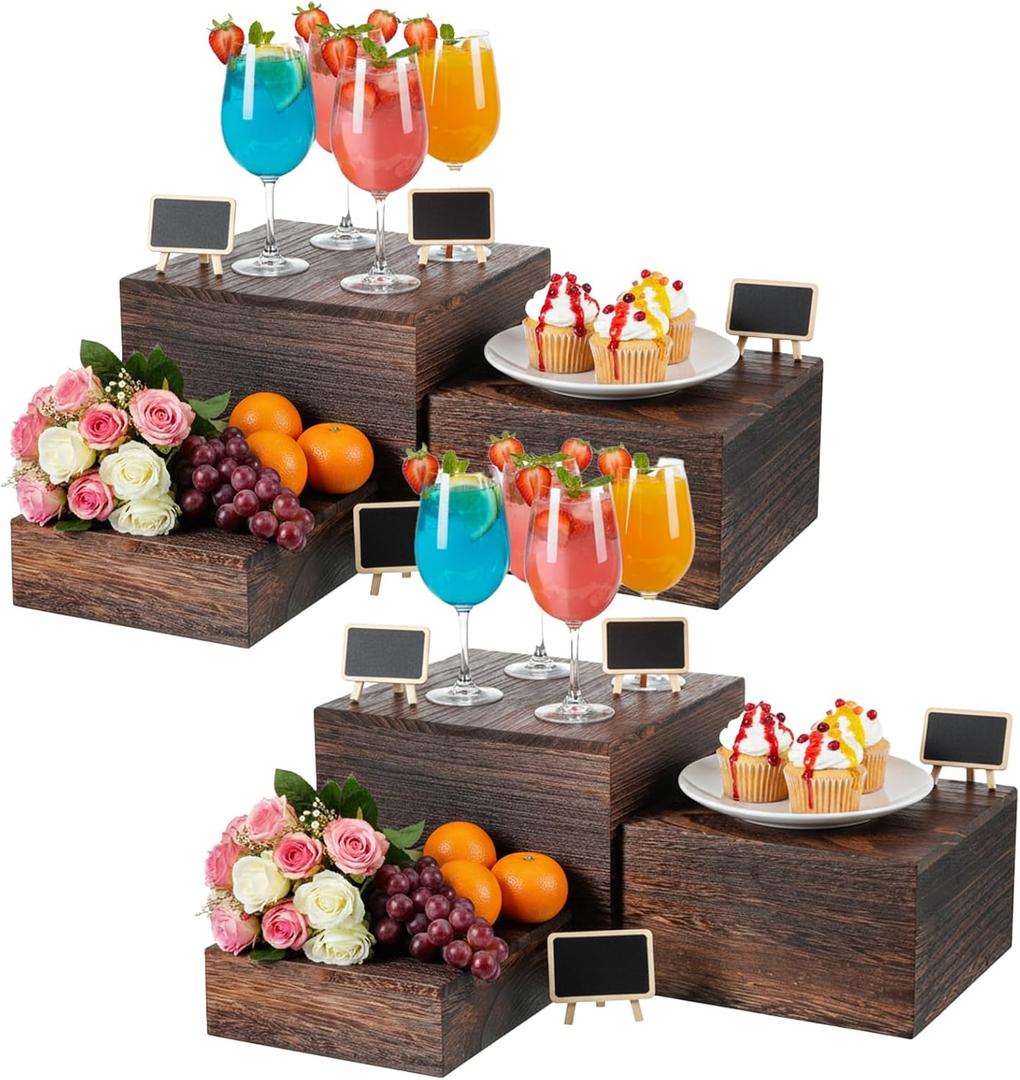 6 Pcs Vintage Brown Square Wooden Cake Stands, Rustic Wood Cake and Cupcake Stands, Table Wooden Stackable Display Stand Box for Catering Dessert Collectibles Jewelry Figures Show