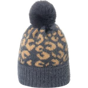 Leopard Print Beanie Hat Cheetah Animal Pattern Skull Cap Knit Cuffed Watch Hats with Fur Pom Pom (One Size-Large, Gray)