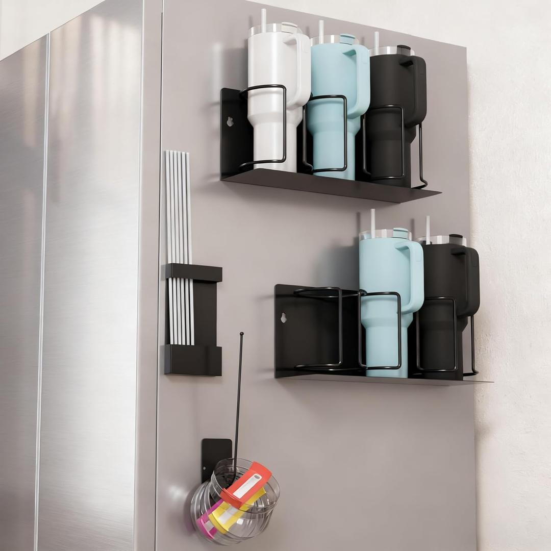 4 Pack Magnetic Cup Holder for Fridge, Water Bottle Cup Holder with Mug Hooks, Tumbler Set with Lid Organizer & Straw Straw Holder, Kitchen Storage for Stanley Cup Accessories