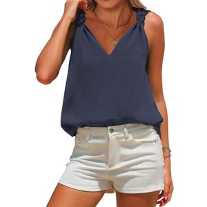 EXLURA Womens Summer Tank Top Business Casual V Neck Knotted Sleeveless Blouses Fashion Trendy Dressy Work Shirt Outfits 2026 (Blue), M
