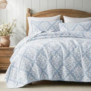 Exclusivo Mezcla Cotton Quilts King Size Blue | Soft Lightweight Bedspread, Breathable Prewashed Yarn Dyed Muslin, All Season Bedding Set, Boho Coverlet With 2 Pillow Shams