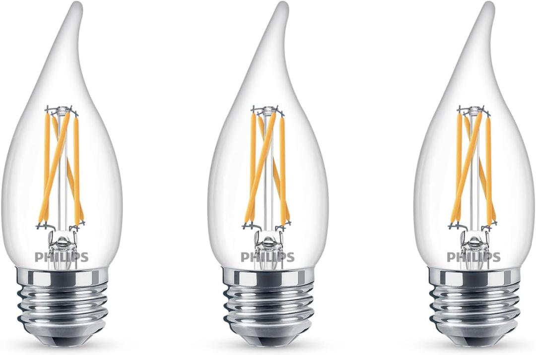 PHILIPS LED 60W BA11 E26 Base 3-Pack Ultra Definition Soft White (2700K) 500 Lumen (5W=60W) Dimmable Clear Flicker Free Candelabra Light Bulbs