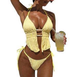 ZAFUL Halter Swimsuits for Women Textured Backless 2 Piece Bathing Suits Cheeky High Cut String Tie Side Bikini Sets (Yellow, L)