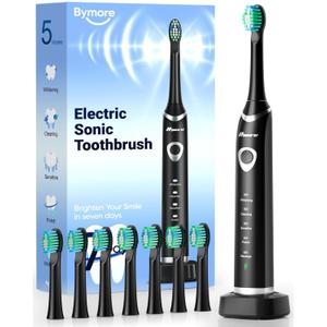 Bymore Electric Toothbrush for Adults,Travel Sonic Toothbrush with 8 Replacement Heads, Ultra Clean Rechargeable Toothbrush Portable One Charge for 330days 5 Modes 2mins Timer-Black (1 Count (Pack of 1))