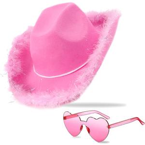 Cowboy Hat Pink Cowgirl Hat with Sequins & Tiara Crown for women Rodeo Party Hats with Heart Glasses (One Size)