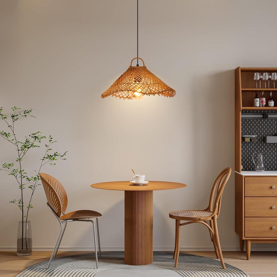 1 Light Boho Woven Pendant Lighting for Kitchen, Rattan Chandelier Hanging Lamp, Handmade Mini Lampshade Natural Ceiling Light Fixture for Bedroom Breakfast Table