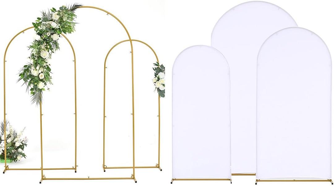 Vincidern Wedding Arch Backdrop Stand and Cover Set, (7.2FT, 6.6FT, 5.9FT), 3 Gold Metal Arch Stands, 3 White Spandex Arch Covers for Parties, Birthdays, Baby Showers, Bridal, Banquets, Ceremonies