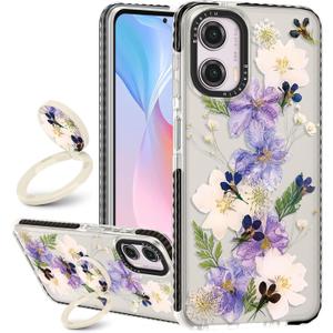 Boaretiu Cute Kawaii Case for Moto G Power 5G 2024 with Stand - Fashion Cool 360 Rotate Ring Holder Kickstand Design for Women Girls Boys Teens Girly Case for Motorola Moto G Power, Purple Flower