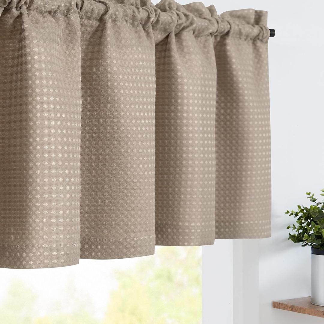 jinchan Valance Curtain for Kitchen Waffle-Weave for Living Room Bathroom Country Waffle Woven Textured Light Filtering Window Treatment Rod Pocket 1 Panel 18 Inch Taupe