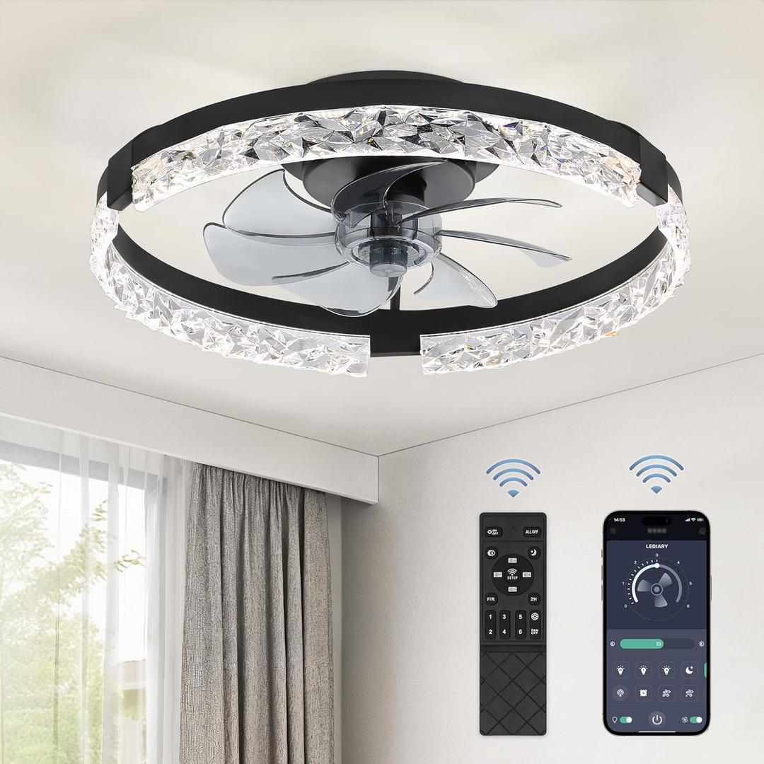 LEDIARY 20 Inch Low Profile Ceiling Fans with Lights and Remote, Fandelier Ceiling Fan Flush Mount, 3000K-6000K Dimmable LED Fan Light, Black Modern Ceiling Fans with Lights for Bedroom