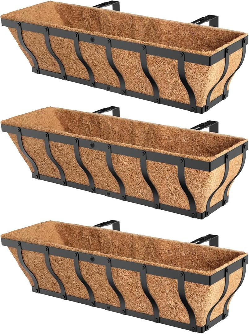Railing Planter Boxes, Heavy Duty Window Box Planters, Adjustable Balcony Planters for Railing Hanging, with Coco Liner & Support Rod for Deck, Porch, and Patio Gardening (3 Pack, 24 Inch)