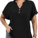 OLRIK Women Plus Size Summer Tops Trendy Button Down V Neck Loose Fit Shirts Short Sleeve Blouses Business Casual Loose Tunics Black-3X