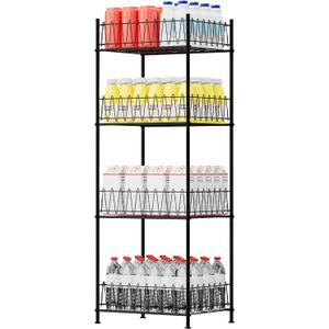 smusei Water Bottle Organizer Rack 4 Tier Free Standing Bottled Water Storage Organizer for Floor, Metal Beverage Soda Can Dispenser Shelf Holder Stand for Kitchen Pantry Office, Black