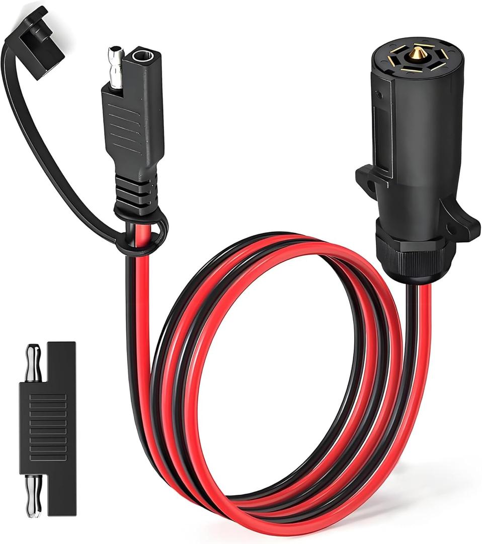 Groovely 7 Way Trailer Plug to 2 Pin SAE Power Supply,7 Pin Round RV Trailer Plug to 10 AWG SAE Cable 12V Connector with Reverse Adapter for RV Truck Trailers (2Ft)