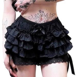 Women Y2k Lolita Bloomers Ruffle Frilly Gothic Shorts Layered Pumpkin Bottoms Party Cosplay Boyshorts Pettipants (Black), One Size