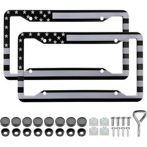 Black American Flag License Plate Frames - 2 Pack Patriotic USA Flag Aluminum Metal License Plate Holder Covers,Rust-Proof Waterproof Car Decorative Tag Frames for Standard US 12x6 Inch