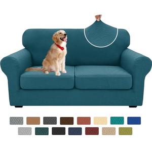 XINEAGE New 3 Pieces Couch Covers for 2 Cushion Sofa Super Stretch Loveseat Slipcover Pet Dog Universal Slip Cover Anti Slip Love Seat Furniture Protector (Peacock Blue, 55"-69")