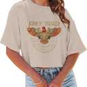 Women's Summer Cropped T Shirts Funny Rock and Roll Country Music Graphic Print tees Short Sleeve Casual Crop Tops (Medium, Brown-1)