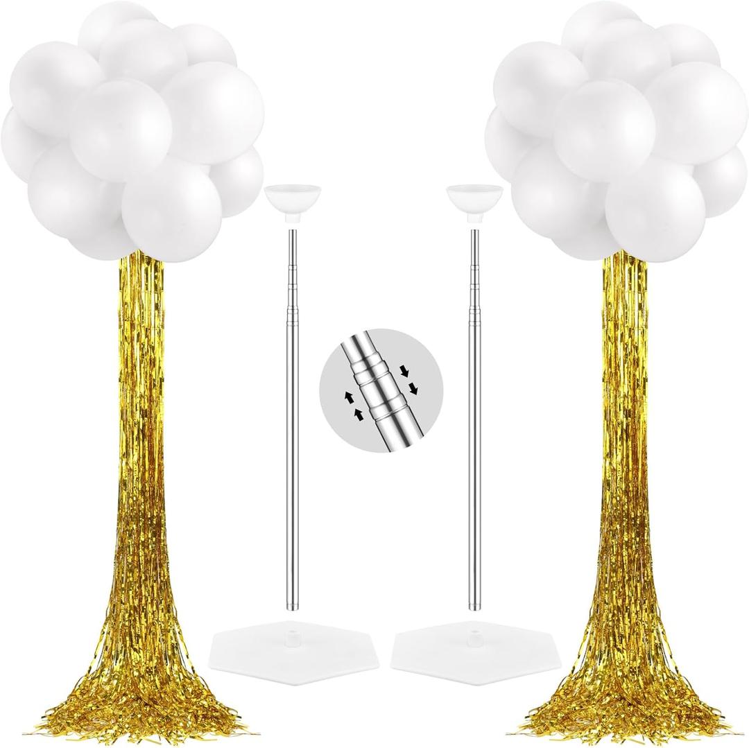 Gejoy 2 Sets White Balloon Column Stand Kit with 50 Balloons 2 Adjustable Tower Stand with Bases 2 Gold Foil Fringe Backdrop Curtains for 2026 Graduation Birthday Party Decor