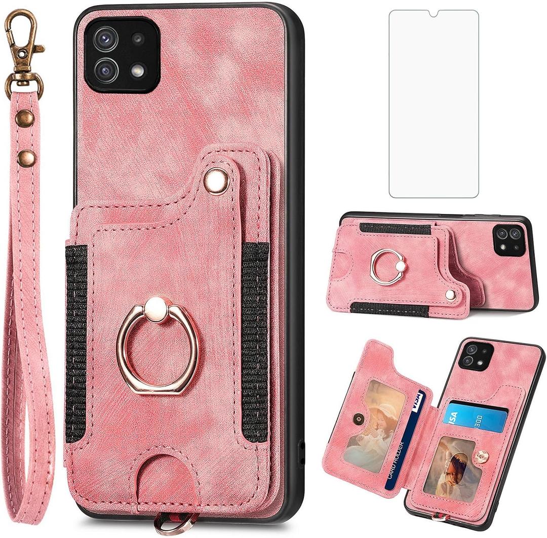 Asuwish Phone Case for Samsung Galaxy A22 5G Wallet Cover with Tempered Glass Screen Protector Wrist Strap Lanyard RFID Credit Card Holder Ring Stand Cell Accessories A 22 22A A22s G5 Women Men Pink