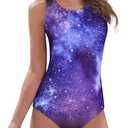 American Trends One Piece Swimsuit Women Criss Cross Back Color Block Print Bathing Suits Athletic Modest Swimwear (6-8, B Starry Sky)