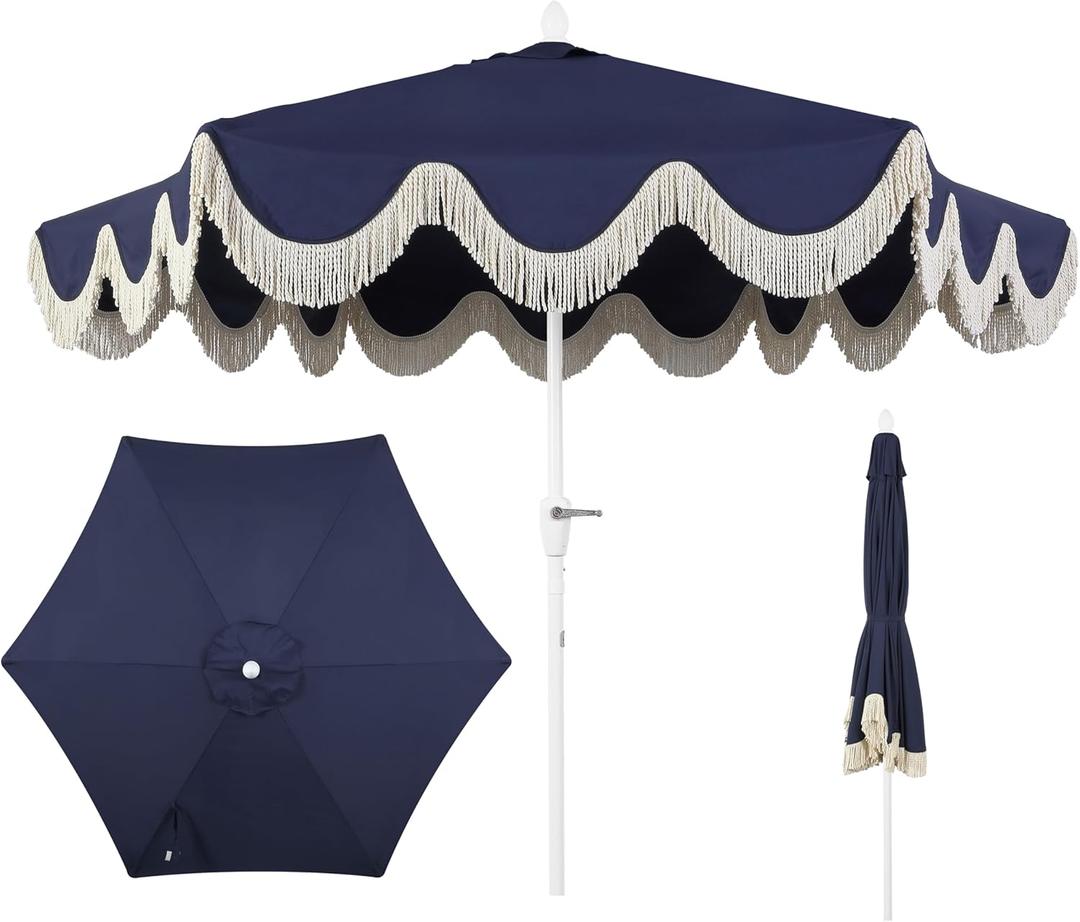 JONATHAN Y UMB1001I Collins 9 ft. Classic Cottage Fringe Tassel Market Patio Umbrella with Auto-Tilt Crank, Wind Vent and UV Protection in Navy/Cream, White Pole