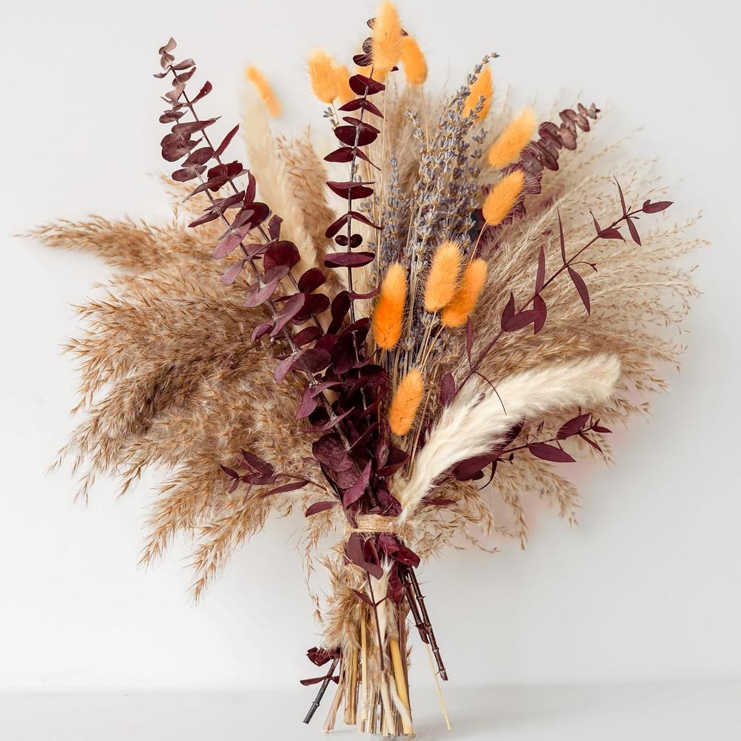 Fall Dried Flower Bouquet with Pampas Grass, Orange Bunny Tails, Lavender & Red Eucalyptus Boho Fall Decor for Home, Vase, Porch & thanksgiving Autumn Floral Arrangements for Fall Decorations Indoor