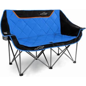 FAIR WIND Oversized Fully Padded Camping Chair Folding Loveseat Camping Couch Double Duo Chair Heavy Duty Quad Fold Arm Chair with Cup Hold - Supports 650 LBS, Blue, Double Seat