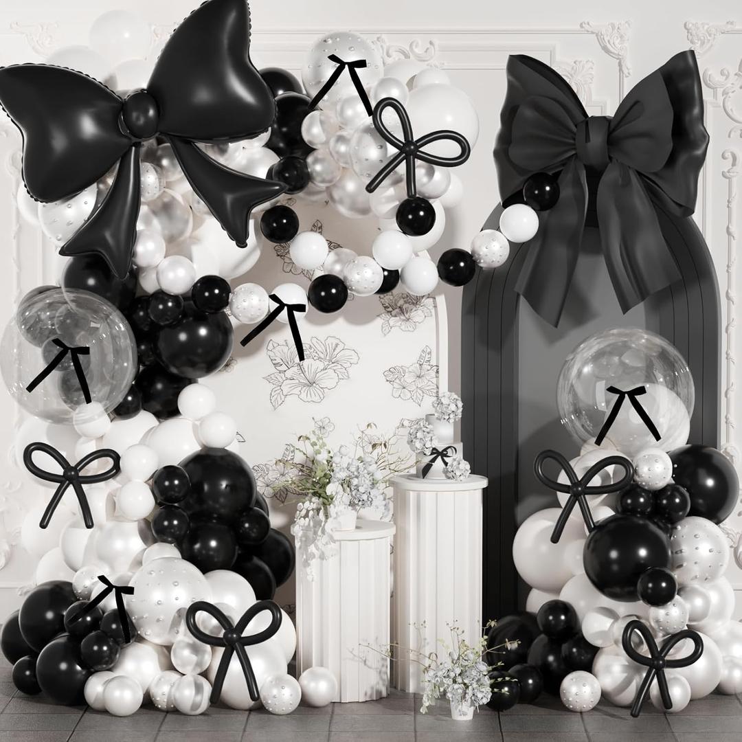 Black and White Balloons Arch Kit,JOGAMS 187Pcs White Black Bow Birthday Party Decorations with Bow Double Stuffed Pearl White Balloons Ribbon Pearl Stickers for Birthday Bachelor Bridal Baby Shower