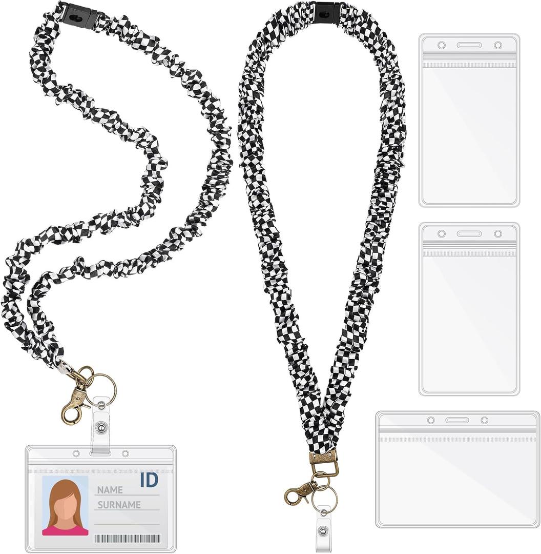 2 Set Teacher Scrunchie Lanyard with Safety Breakaway Buckle ID Badges Holder Retractable Lanyard for Office Teacher Gift(Checkered,Black and White)