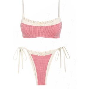 seamoly Gingham Spliced Ruched Ruffles Trim Bowknot Decor Tie Side Bikini Set (Small, Red)