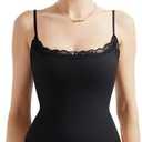 SUUKSESS Women Square Neck Lace Bodysuit Double Lined Sleeveless Spaghetti Strap Tank Top (Black, S)